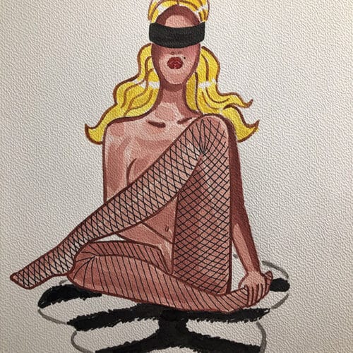 Vampire en lingerie et bandeau noir, illustration aquarelle BDSM Vampire féminin en lingerie, illustration aquarelle sur le thème BDSM, avec bandeau noir et pose sug.