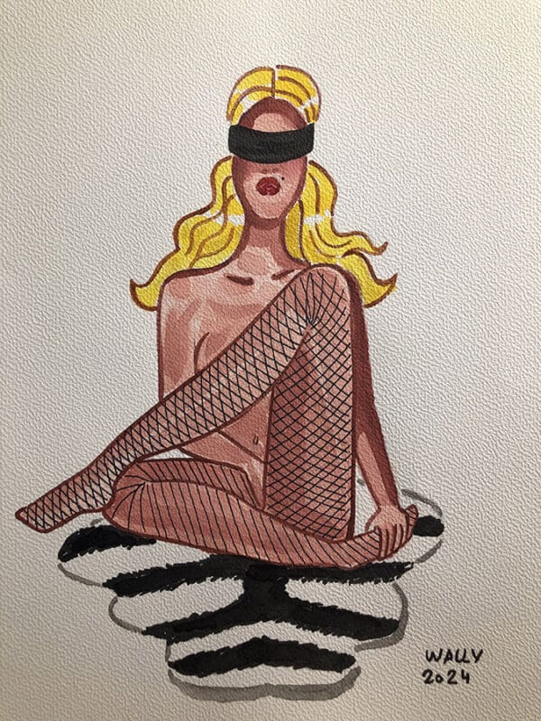 Vampire féminin en lingerie, illustration aquarelle sur le thème BDSM, avec bandeau noir et pose sug.