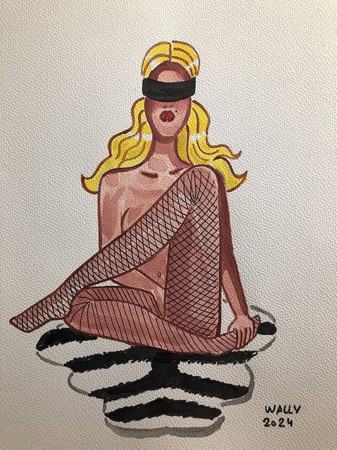 Vampire en lingerie et bandeau noir, illustration aquarelle BDSM Vampire féminin en lingerie, illustration aquarelle sur le thème BDSM, avec bandeau noir et pose sug.
