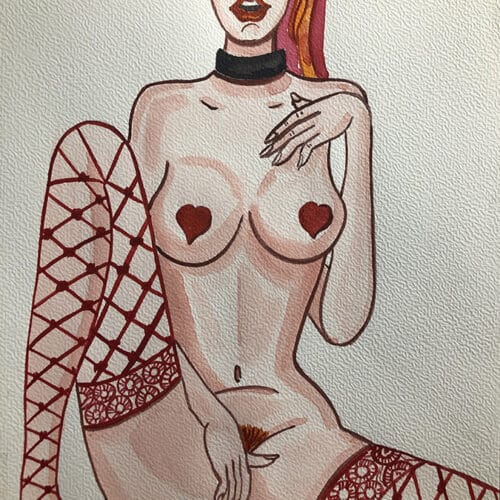 Femme aquarelle format A4 Illustration aquarelle femme nue avec lingerie en filet rouge.
