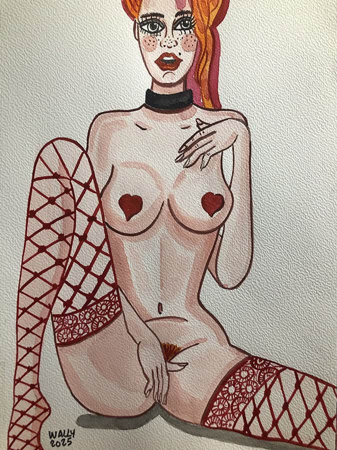 Illustration aquarelle femme nue avec lingerie en filet rouge.