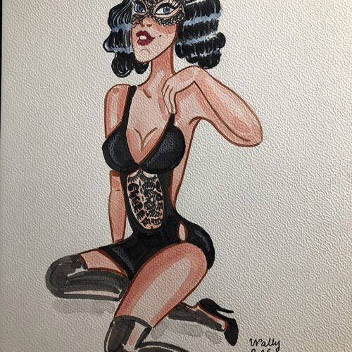 Illustration aquarelle d'une femme en lingerie noire et bas, style vintage, sur fond clair.