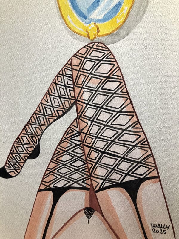 Illustration aquarelle d'une femme en collants géométriques et lingerie noire, sur fond blanc.
