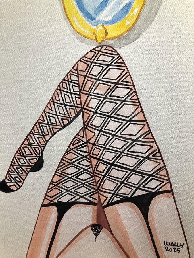 Illustration aquarelle d'une femme en collants géométriques et lingerie noire, sur fond blanc.