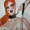 Aquarelle illustrant une scène BDSM avec une femme aux cheveux roux, collier et chaînes, évoquant la.