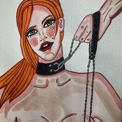 Aquarelle illustrant une scène BDSM avec une femme aux cheveux roux, collier et chaînes, évoquant la.
