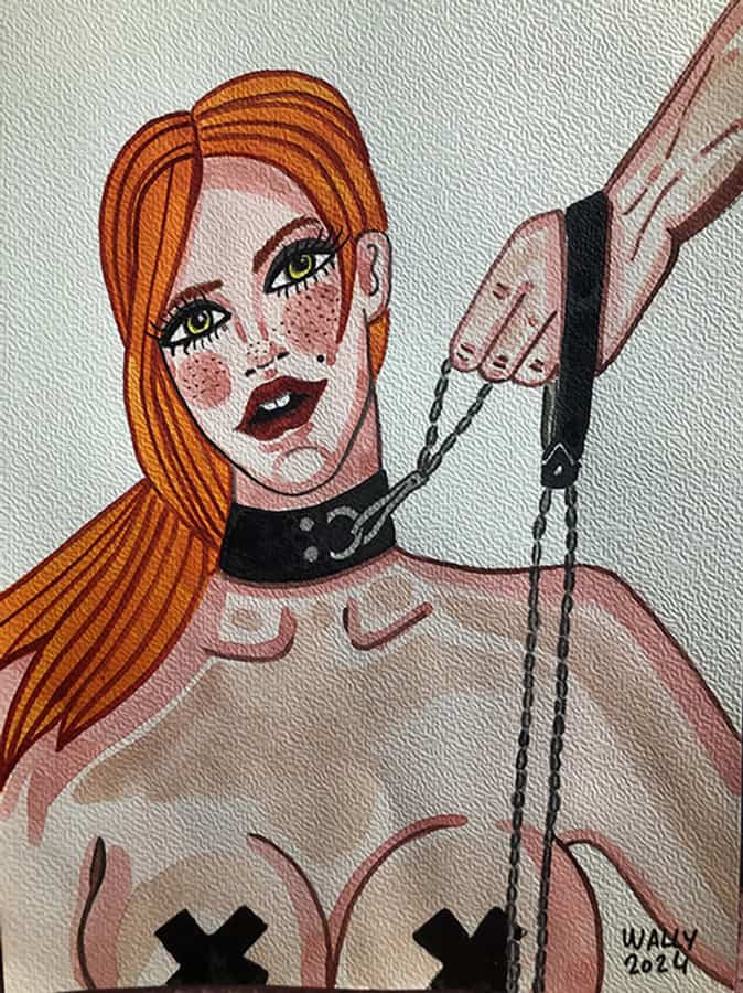 Aquarelle illustrant une scène BDSM avec une femme aux cheveux roux, collier et chaînes, évoquant la.