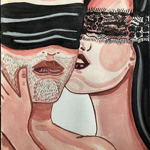 Homme et femme en illustration aquarelle, symbolisant l'amour et la couple, avec un style artistique.