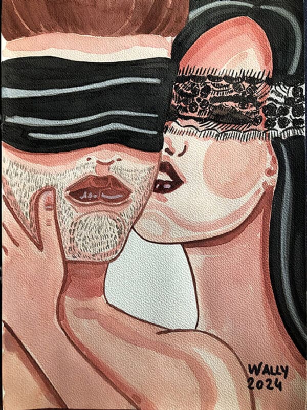 Homme et femme en illustration aquarelle, symbolisant l'amour et la couple, avec un style artistique.