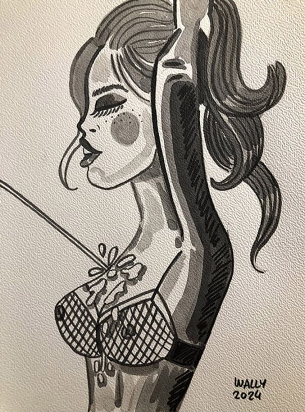 Illustration aquarelle d'une femme séduisante en noir et blanc.