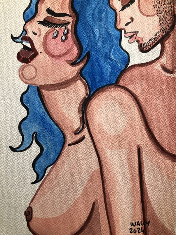 Aquarelle illustrant un couple en étreinte, style artistique et sensuel.