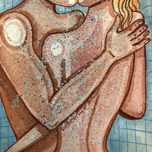 Baiser intime entre un homme et une femme nus, illustré en aquarelle sur le thème du couple.