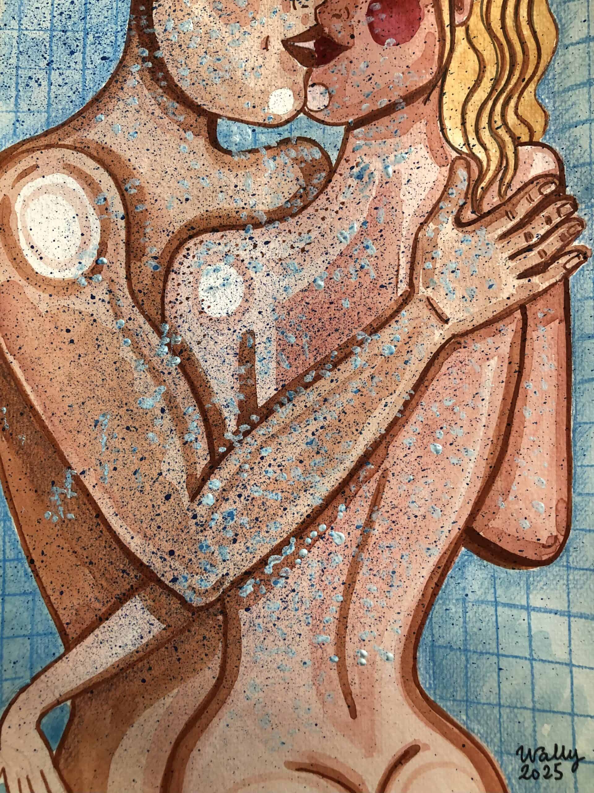 Baiser passionné entre un couple nu en aquarelle Baiser intime entre un homme et une femme nus, illustré en aquarelle sur le thème du couple.
