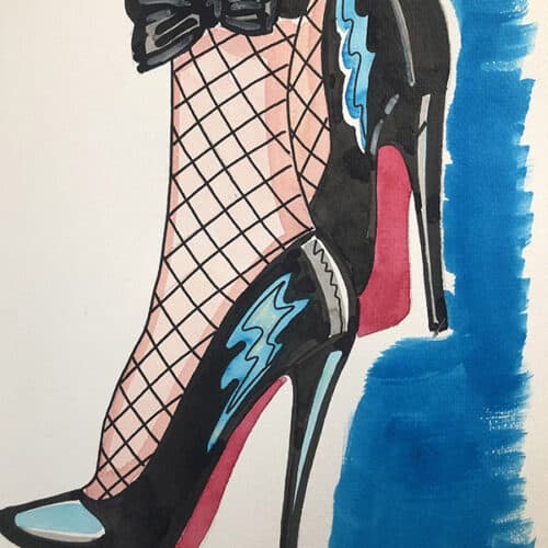 Chaussures à talons et collants en filet Chaussures à talons hauts avec collants en filet, illustration aquarelle sur le thème PIEDS.