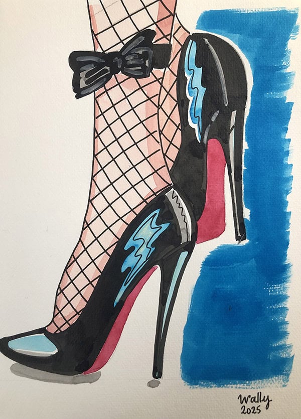 Chaussures à talons et collants en filet Chaussures à talons hauts avec collants en filet, illustration aquarelle sur le thème PIEDS.