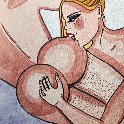 Illustration aquarelle d'un couple en intimité, format A4, thème amour et sensualité.