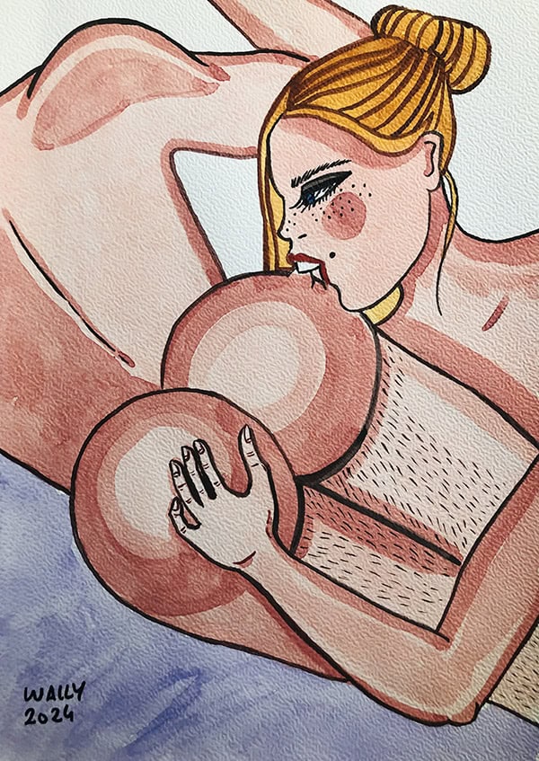 Baiser passionné entre un couple illustré à l'aquarelle Illustration aquarelle d'un couple en intimité, format A4, thème amour et sensualité.
