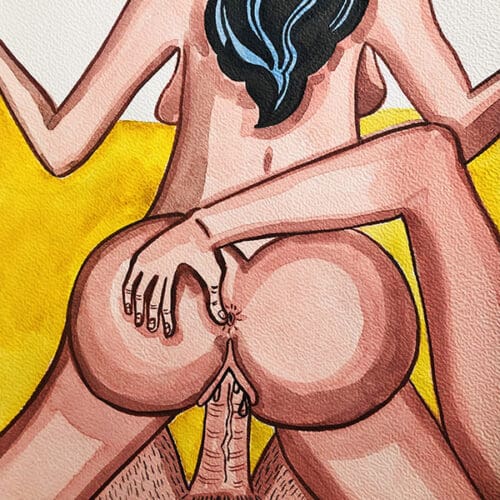Aquarelle représentant un couple nu en position intime, mettant en valeur la connexion et la sensual.