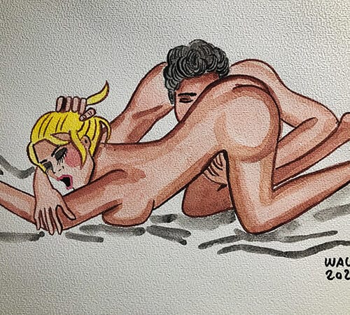 Illustration aquarelle de couple en position intime, format A4, évoquant passion et tendresse.