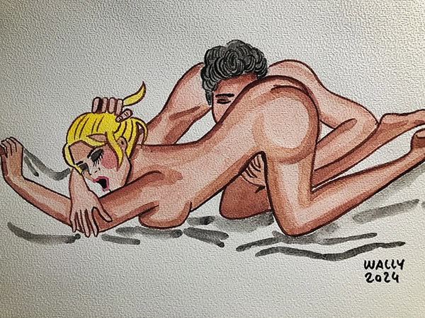 Intimité aquarelle entre deux amants Illustration aquarelle de couple en position intime, format A4, évoquant passion et tendresse.