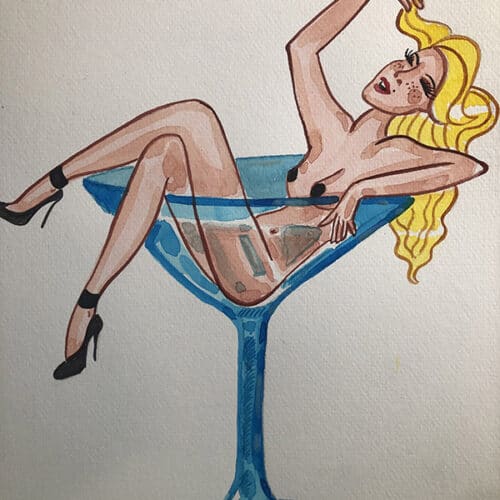 Femme dans un verre à cocktail Femme nue dans un verre à cocktail, illustration aquarelle, style artistique et sensuel.