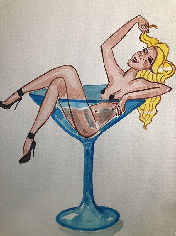 Femme dans un verre à cocktail Femme nue dans un verre à cocktail, illustration aquarelle, style artistique et sensuel.