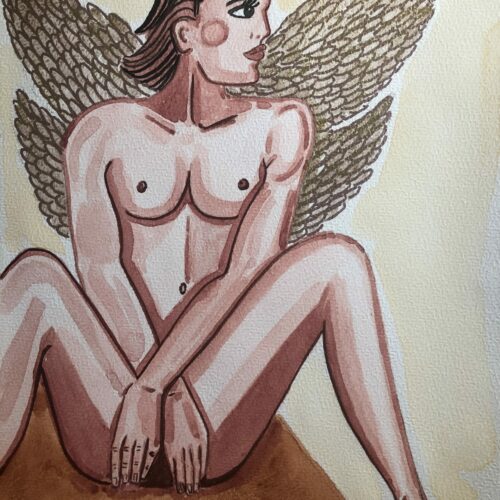 Homme ailé en aquarelle Homme nu avec ailes d'ange, illustration aquarelle format A4.