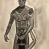Homme nu avec tatouages, illustration aquarelle, art érotique, style contemporain.