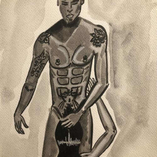 Homme nu aquarelle format A4 Homme nu avec tatouages, illustration aquarelle, art érotique, style contemporain.