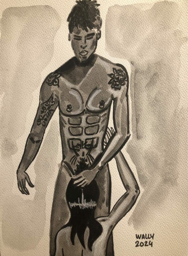 Homme nu avec tatouages, illustration aquarelle, art érotique, style contemporain.