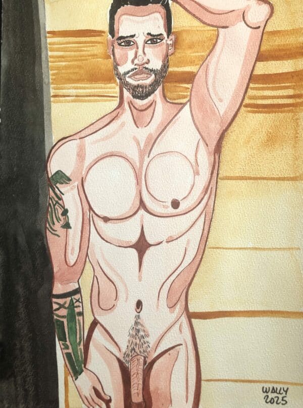 Homme nu avec tatouages, pose confiante, illustration artistique de corps masculin.