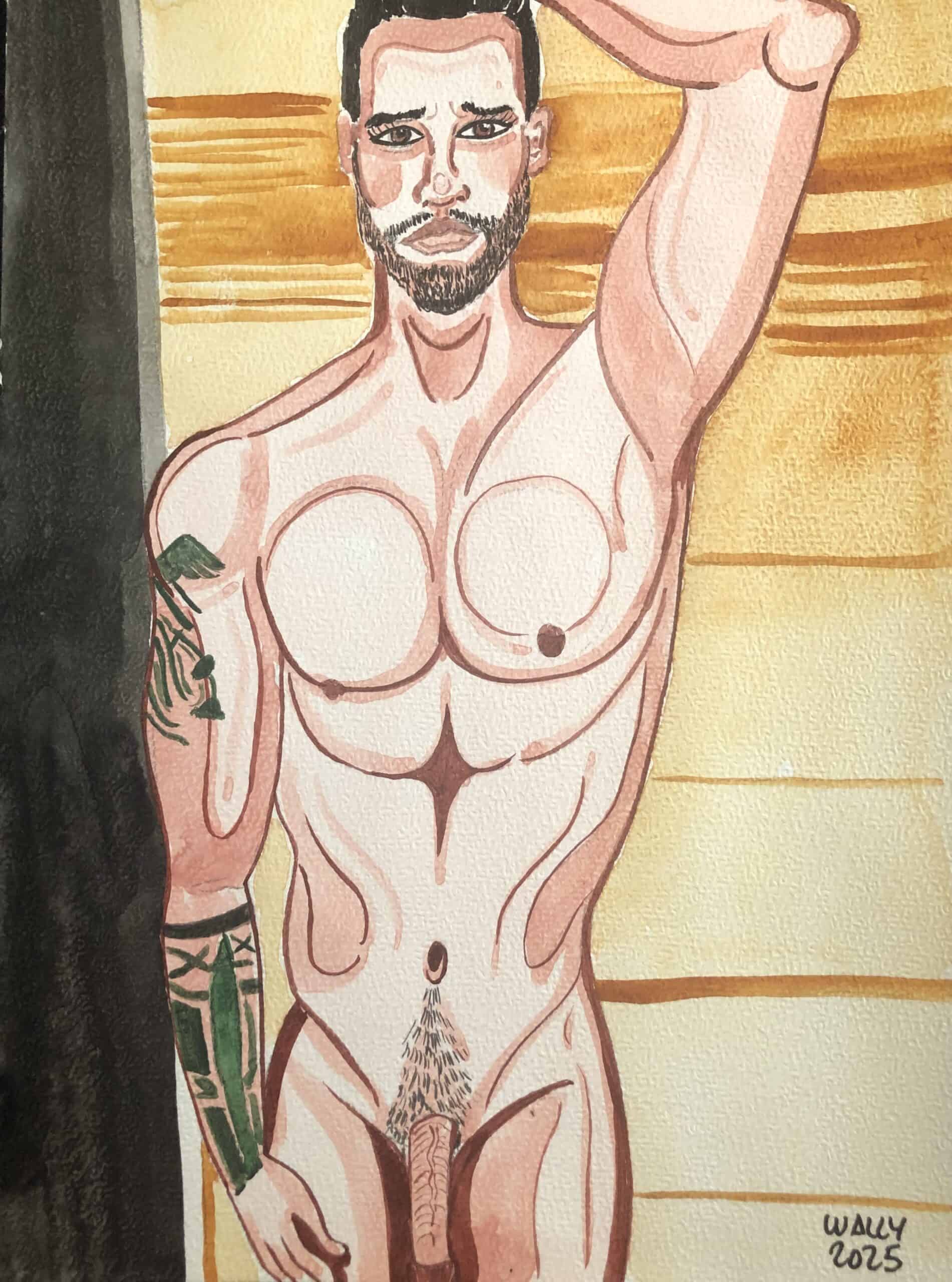 Corps masculin tatoué et musclé en dessin artistique. Homme nu avec tatouages, pose confiante, illustration artistique de corps masculin.