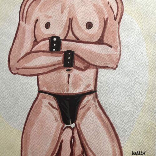 Homme nu en aquarelle format A4 Illustration aquarelle d'un homme nu avec accessoires noirs, style artistique.