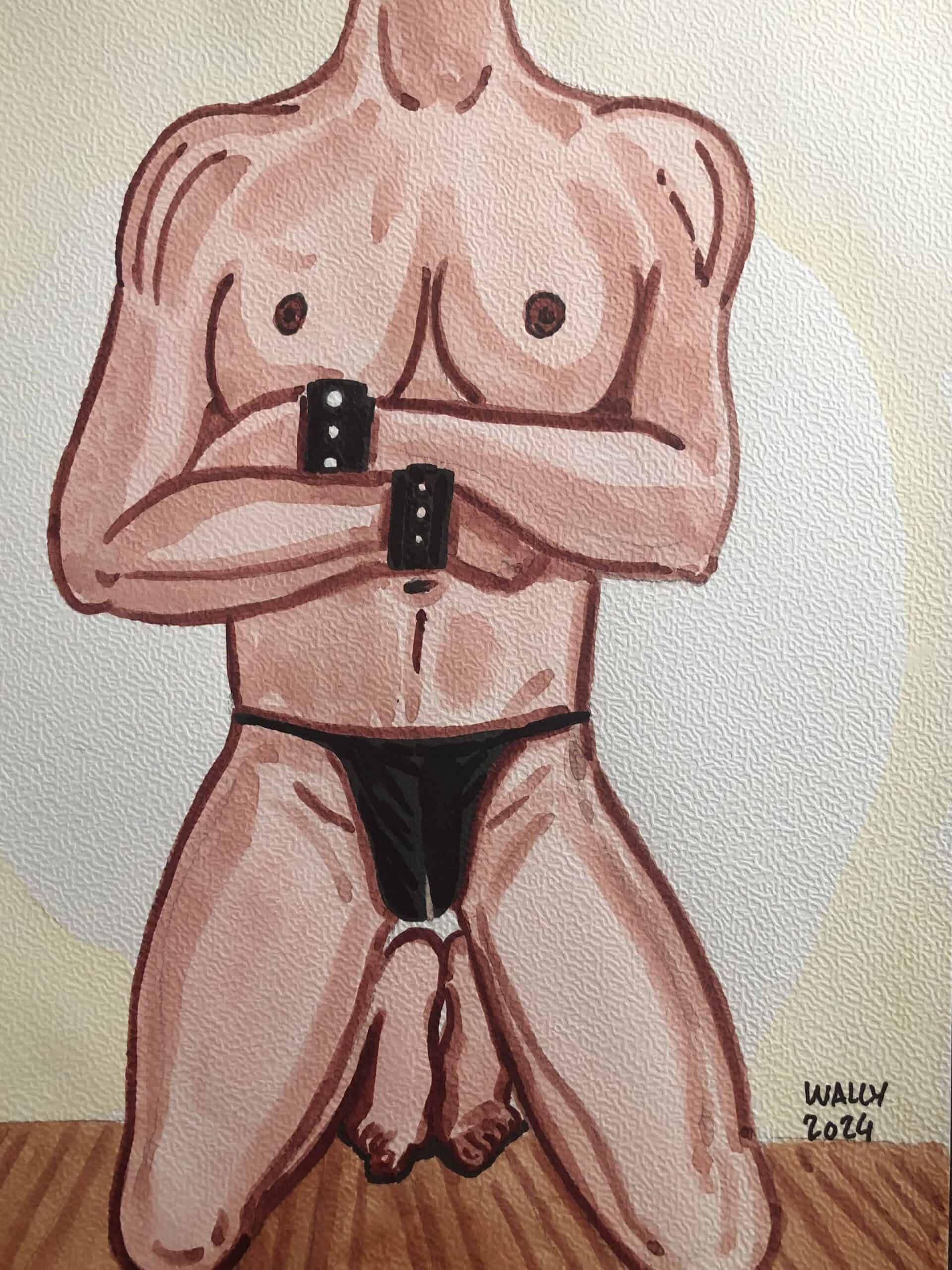 Homme nu en aquarelle format A4 Illustration aquarelle d'un homme nu avec accessoires noirs, style artistique.