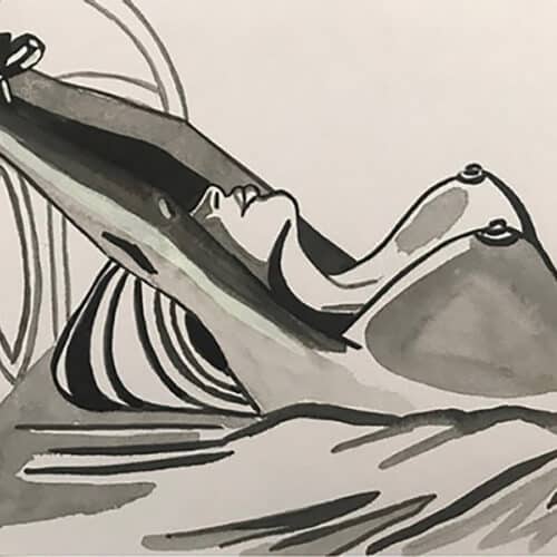 Encre de chine illustrant une scène BDSM avec une figure vampirique, dans un style graphique noir et.