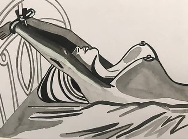 Encre de chine illustrant une scène BDSM avec une figure vampirique, dans un style graphique noir et.
