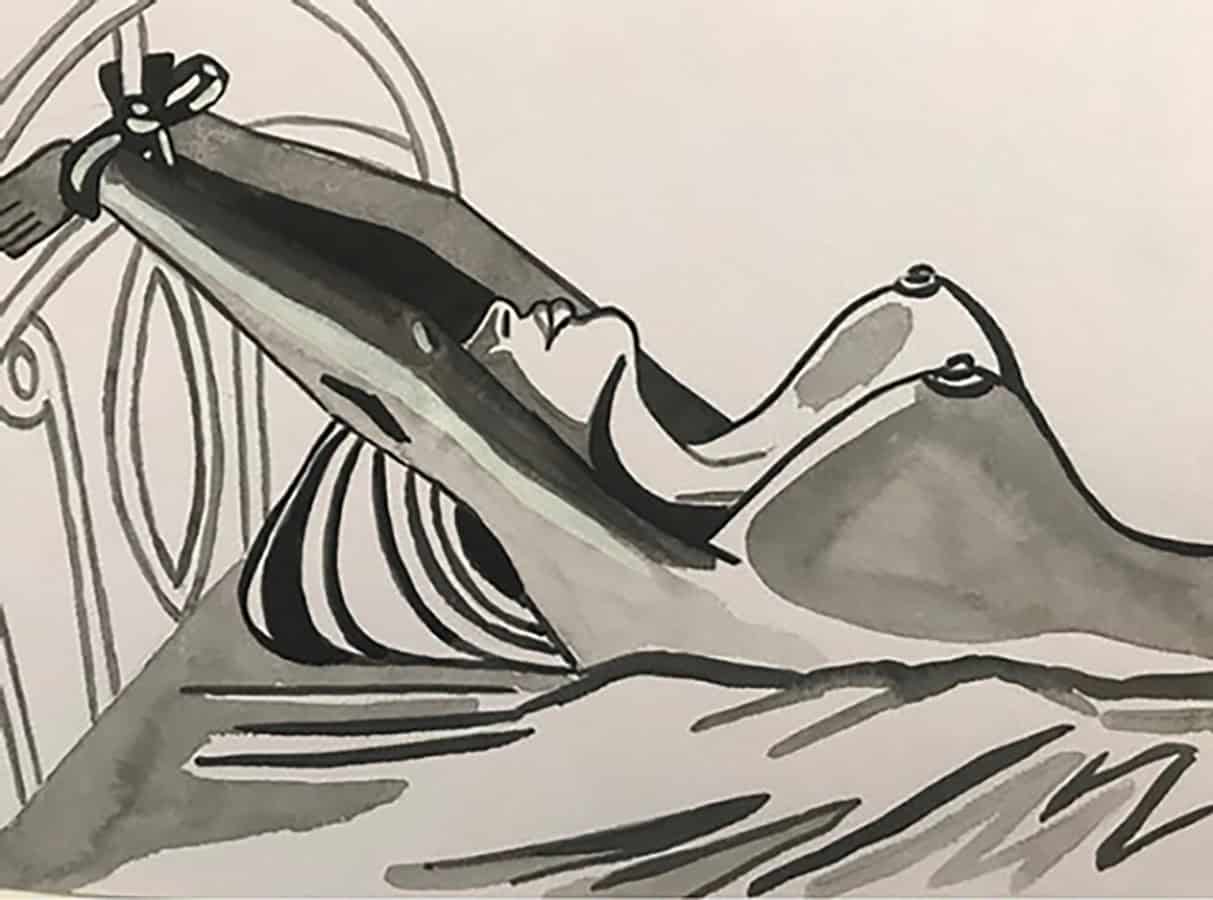 Vampire encre de chine BDSM Encre de chine illustrant une scène BDSM avec une figure vampirique, dans un style graphique noir et.
