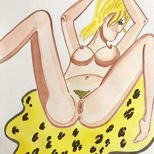 Série d'illustrations BDSM en aquarelle, mettant en scène une femme dans une pose suggestive.