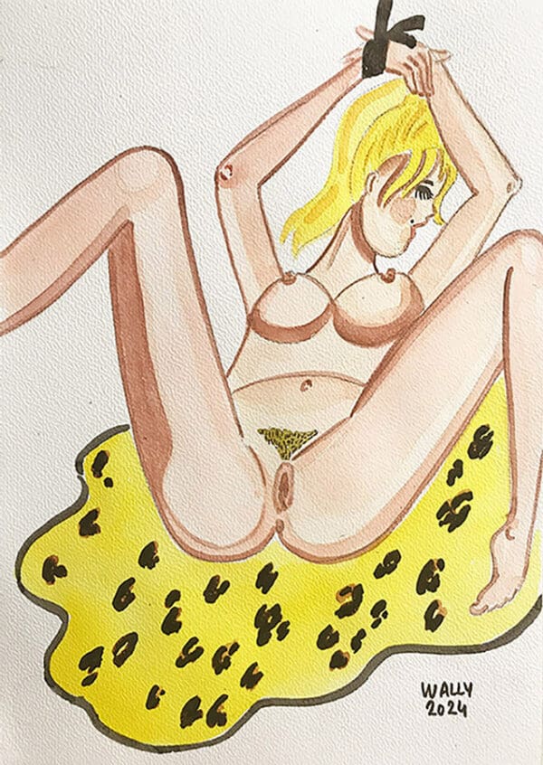 Série d'illustrations BDSM en aquarelle, mettant en scène une femme dans une pose suggestive.