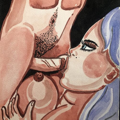 Détail d'une illustration aquarelle représentant un couple dans une scène intime et romantique.