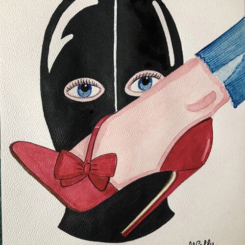 Masque noir et pied en aquarelle, illustration artistique sur le thème des pieds. Masque noir et pied en aquarelle, illustration artistique sur le thème des pieds.
