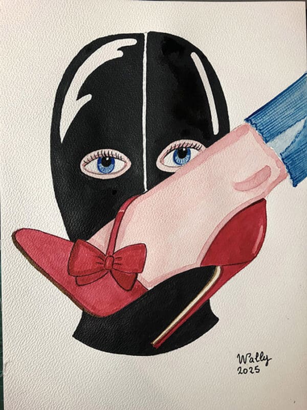 Masque noir et pied en aquarelle, illustration artistique sur le thème des pieds.