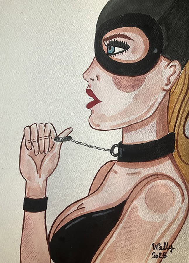 Femme masquée en style aquarelle BDSM Personne portant un masque et un collier dans une illustration BDSM.