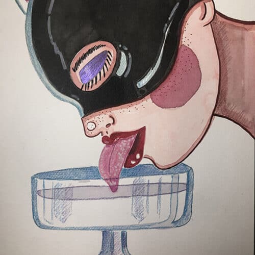 Vampire en latex noir avec oreilles de chat, illustration aquarelle sur thème BDSM, style artistique.