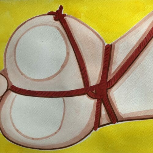 Illustration aquarelle sur le thème SHIBARI en format A4, mettant en scène une figure liée avec des.