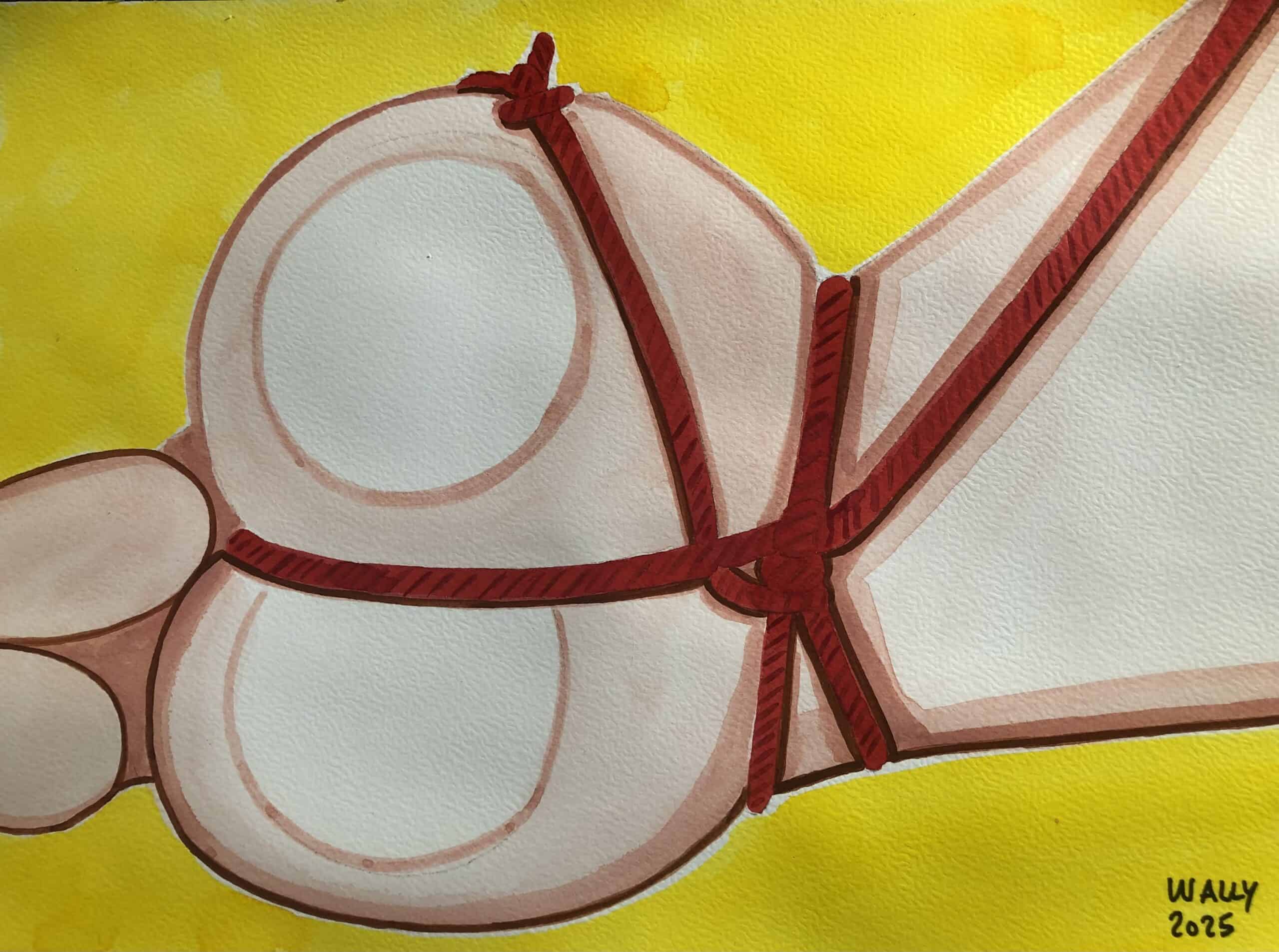 Illustration aquarelle sur le thème SHIBARI en format A4, mettant en scène une figure liée avec des.