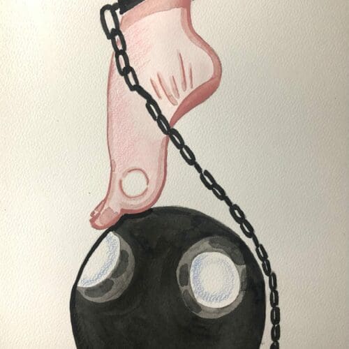 Pieds en aquarelle sur format A4 Pied avec chaîne et boule de prison, illustration aquarelle.