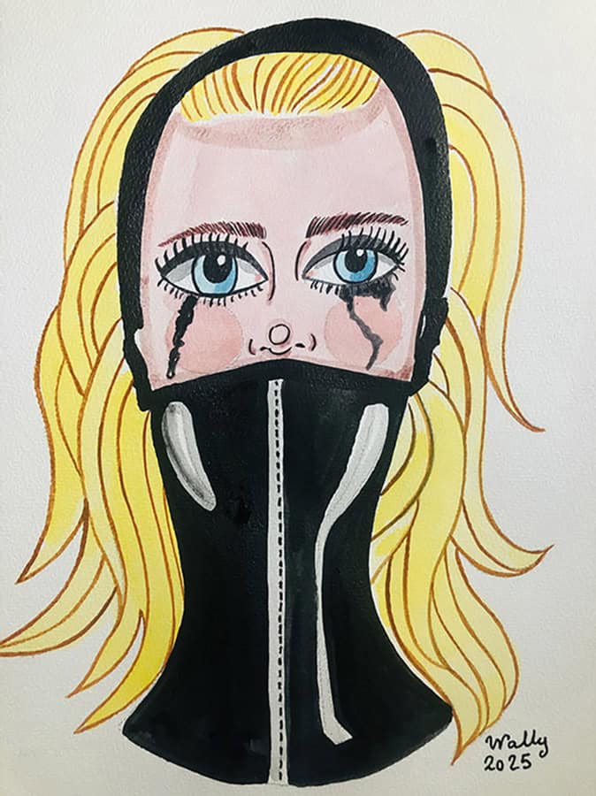 Vampire féminin en aquarelle sur thème BDSM Vampire féminin avec maquillage dramatique et masque en latex noir, illustrant le thème BDSM dans un.