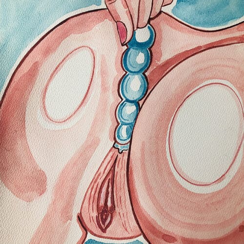 Illustration aquarelle d'une femme avec un sextoy, format A4, thème sensualité.