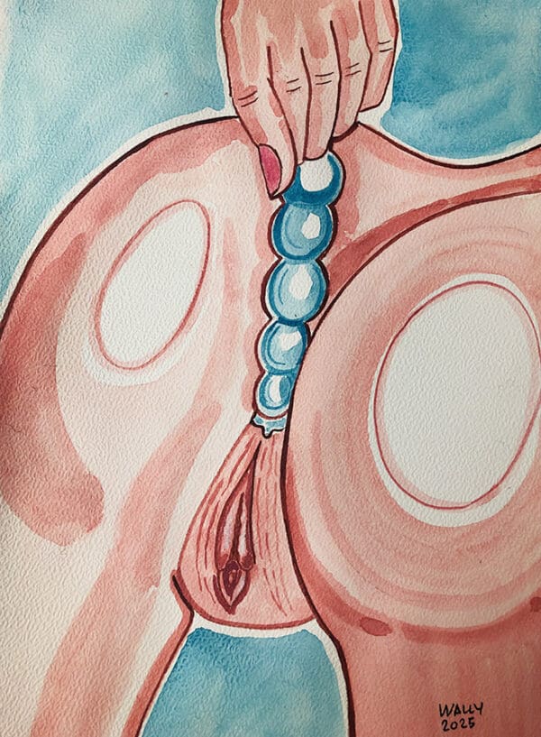 Illustration aquarelle d'une femme avec un sextoy, format A4, thème sensualité.